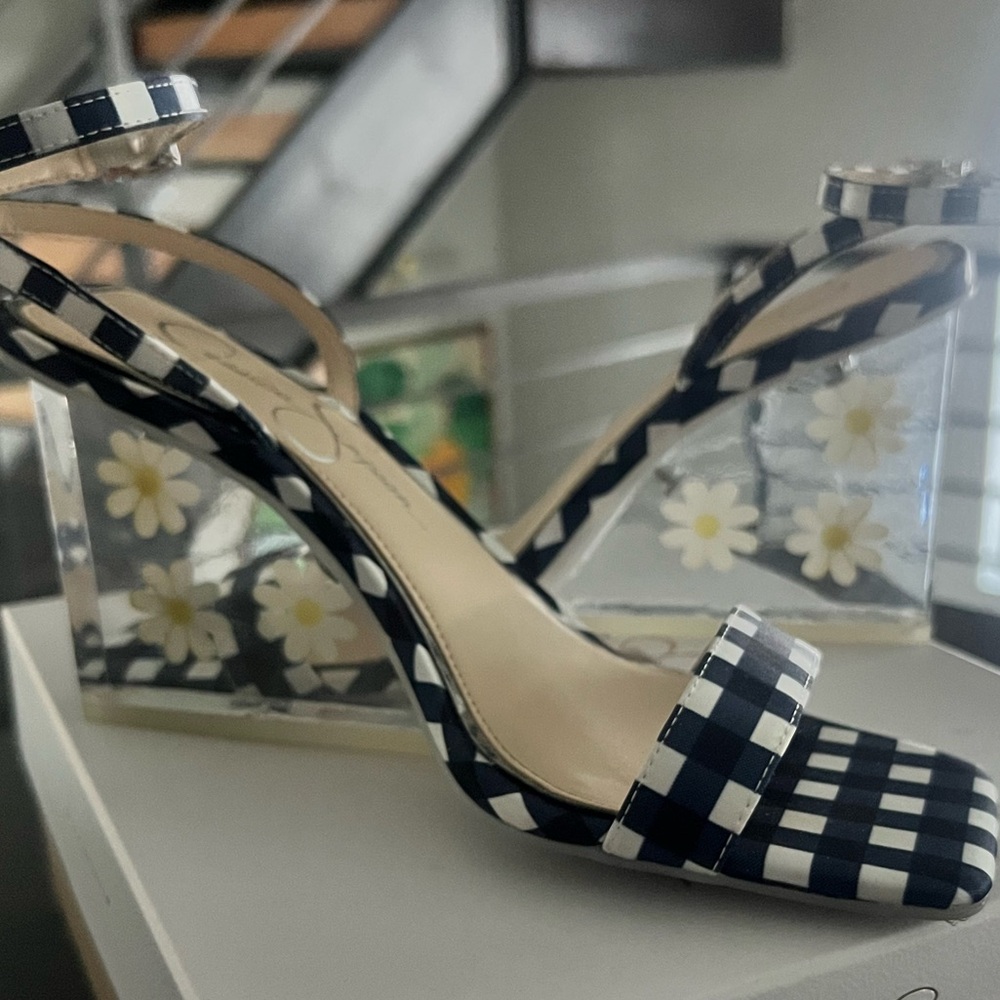 Jessica Simpson Gingham Wedges / Clear Heels w/ Daisies Navy Blue Gingham - NIB